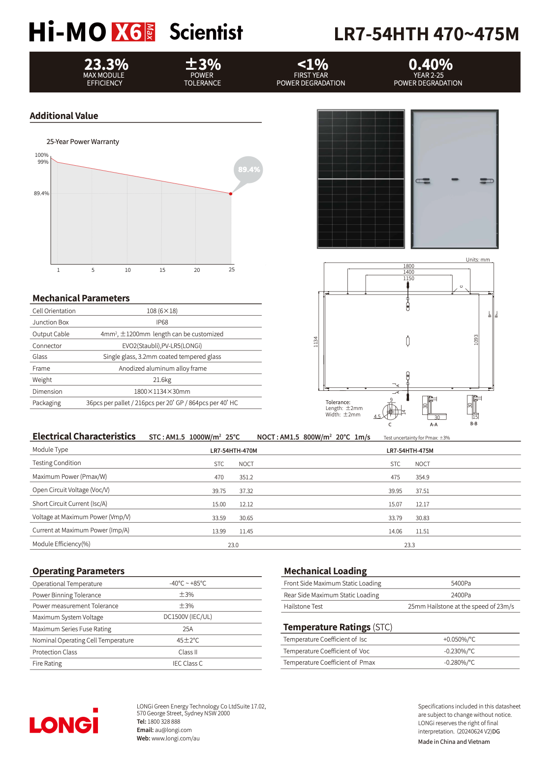 Solar Panel Longi 475W Hi-MO X6 108HC Mono Black Frame MC4 EVO2 (LR7-54HTH)