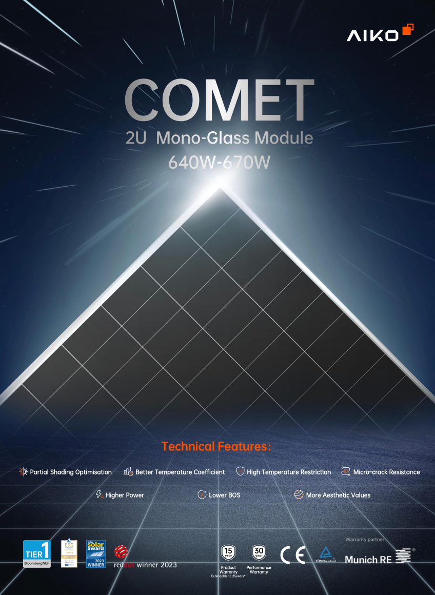 AIKO Solar Panel-G650-MCH72Mw 650W Comet 2U N-Type  Silver Frame  15Yr Warranty