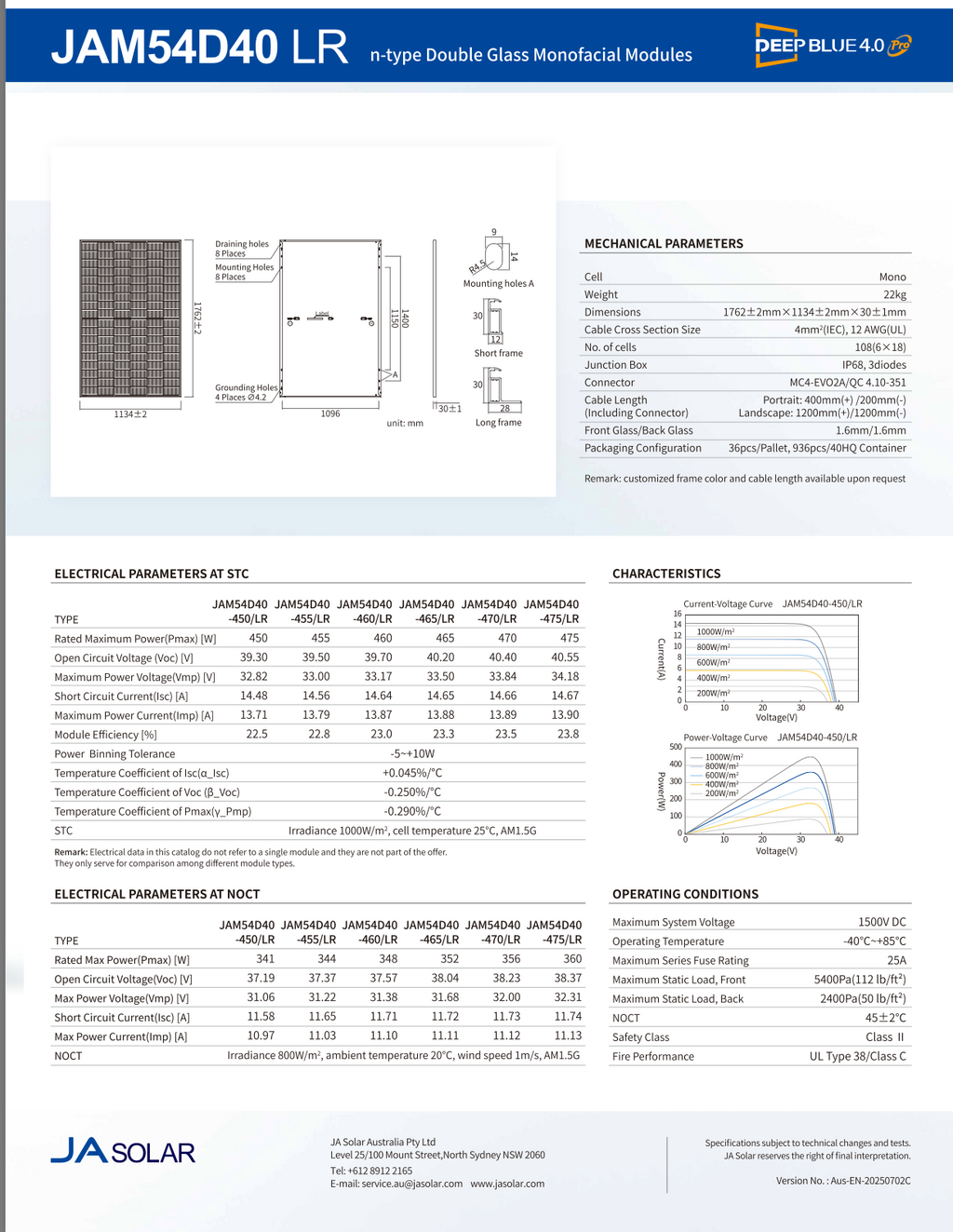 JA Solar 475W N-Type Double Glass Mono Panel 108 Cells MC4 EVO2 30mm