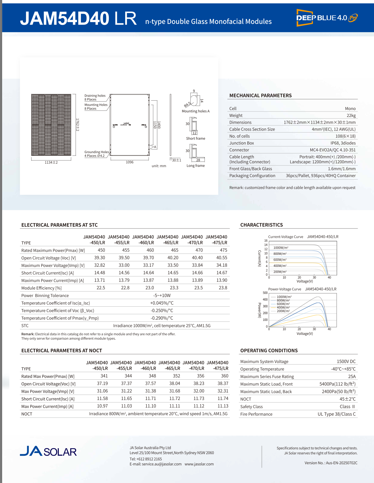 JA Solar 475W N-Type Double Glass Mono Panel 108 Cells MC4 EVO2 30mm