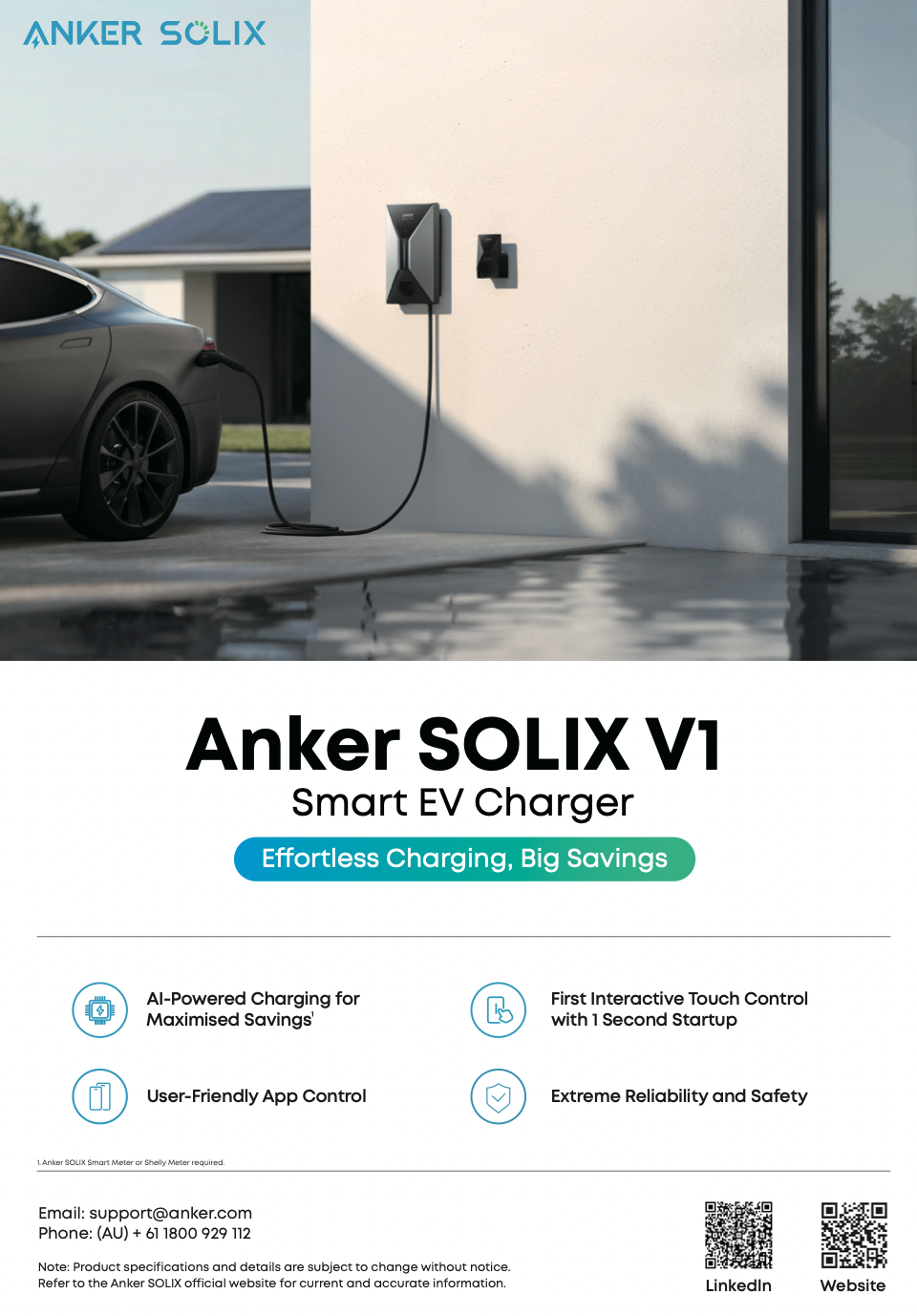 Anker SOLIX V1 Smart EV Charger 22kW Three Phase Tethered Type 2 – 7m Cable (ANK